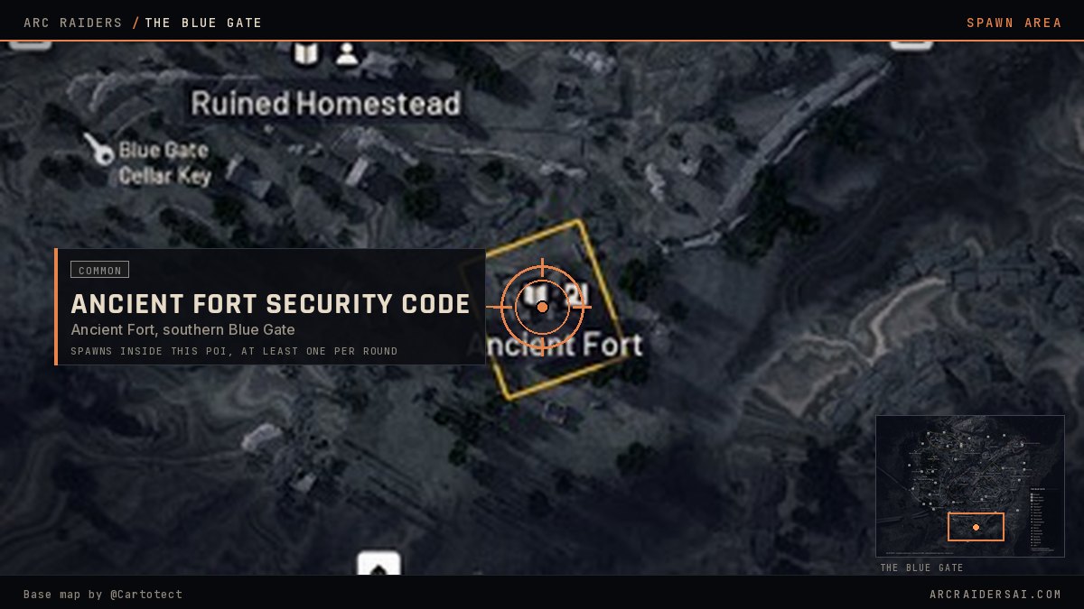 The Blue Gate map in Arc Raiders with the Ancient Fort marked in the south, the POI the Ancient Fort Security Code spawns inside