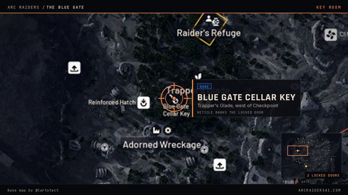The Blue Gate map in Arc Raiders with the Blue Gate Cellar Key locked doors marked at Trapper's Glade, west of Checkpoint