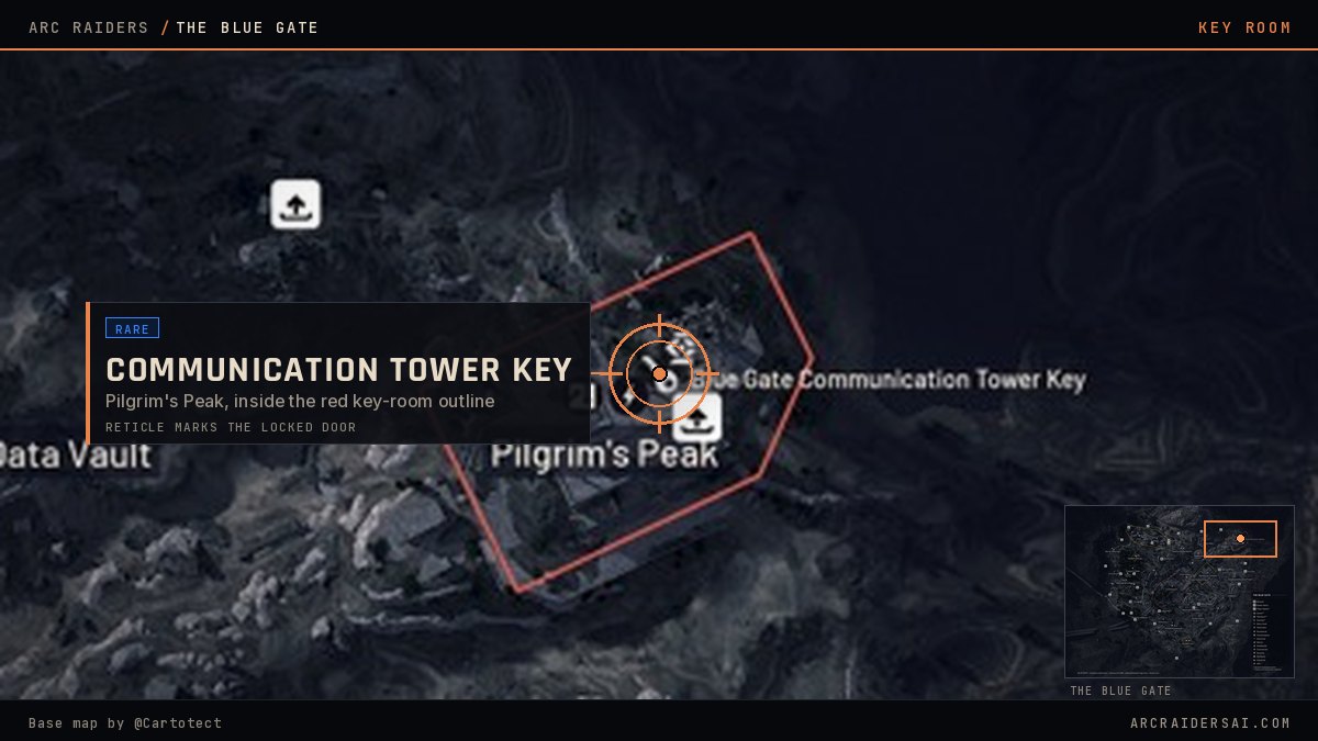 The Blue Gate map in Arc Raiders with the Blue Gate Communication Tower Key locked door marked at Pilgrim's Peak, inside the red key-room outline