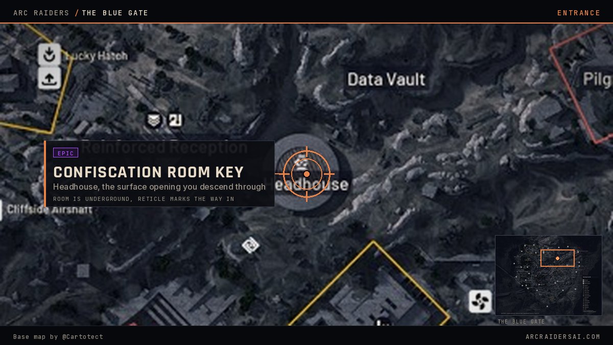 The Blue Gate map in Arc Raiders with Headhouse marked, the surface opening you descend through to reach the underground Confiscation Room
