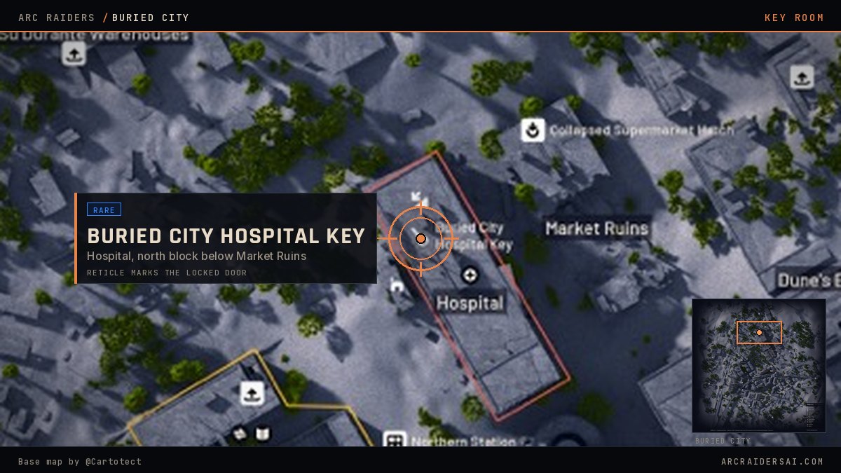 Buried City map in Arc Raiders with the Buried City Hospital Key locked door marked at Hospital, north block below Market Ruins