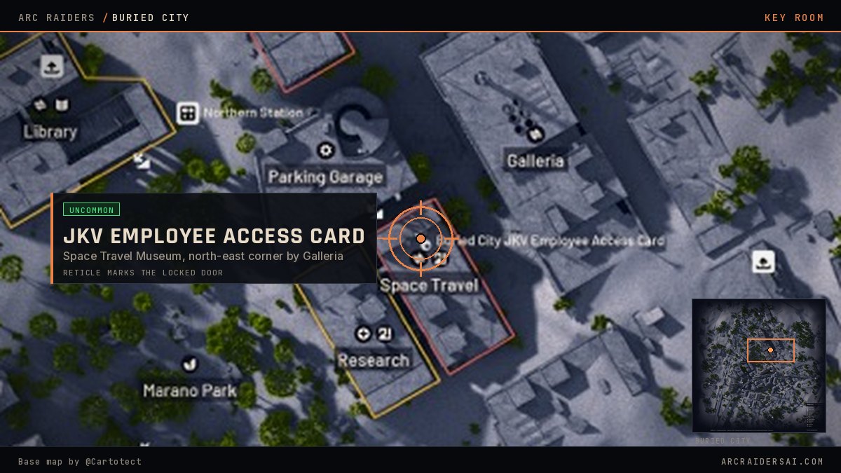 Buried City map in Arc Raiders with the Buried City JKV Employee Access Card locked door marked at Space Travel Museum, north-east corner by Galleria