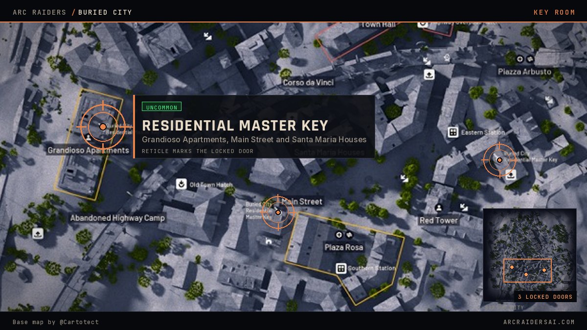 Buried City map in Arc Raiders with the Buried City Residential Master Key locked doors marked at Grandioso Apartments, Main Street and Santa Maria Houses