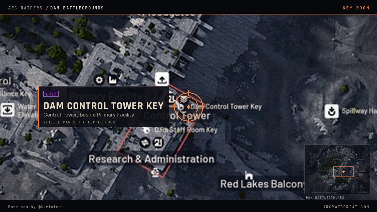 Dam Battlegrounds map in Arc Raiders with the Dam Control Tower Key locked door marked at Control Tower, beside Primary Facility