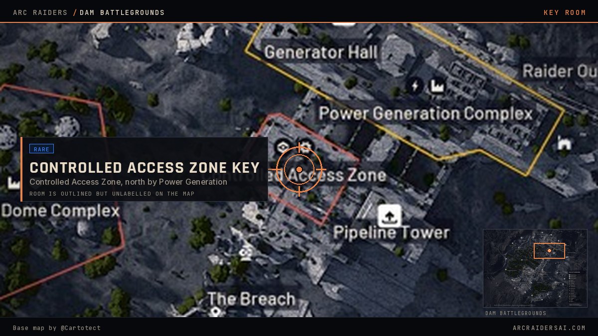 The Dam Battlegrounds map in Arc Raiders with the Controlled Access Zone outlined in red in the north of the map near the Power Generation Complex