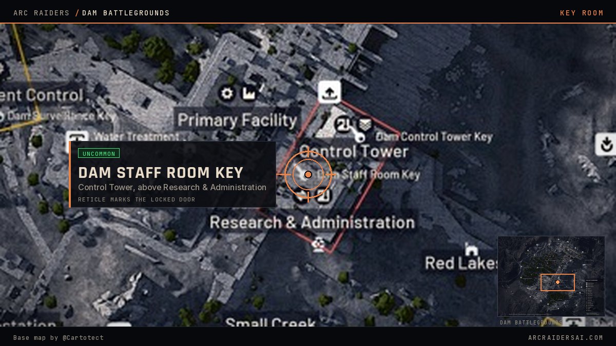 Dam Battlegrounds map in Arc Raiders with the Dam Staff Room Key locked door marked at Control Tower, above Research & Administration