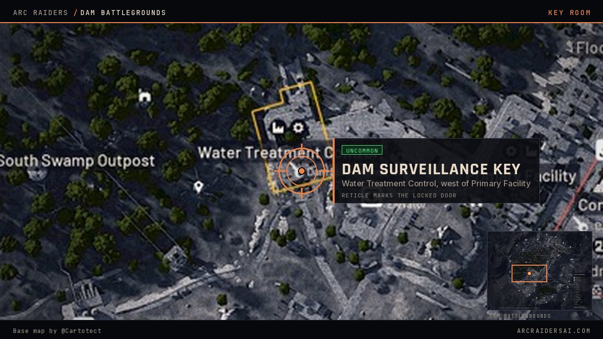 Dam Battlegrounds map in Arc Raiders with the Dam Surveillance Key locked door marked at Water Treatment Control, west of Primary Facility