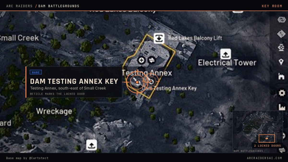 Dam Battlegrounds map in Arc Raiders with the Dam Testing Annex Key locked doors marked at Testing Annex, south-east of Small Creek