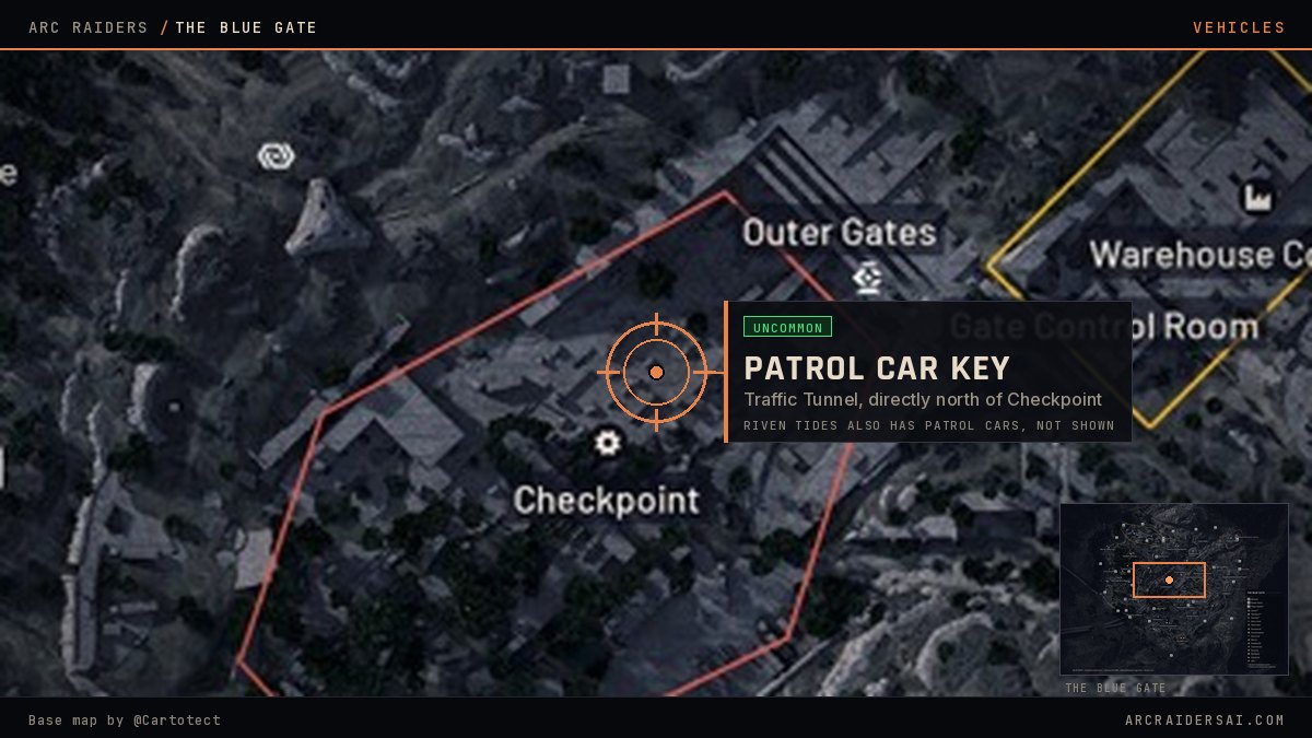The Blue Gate map in Arc Raiders with the Checkpoint and the Traffic Tunnel marked, where the Patrol Car Key is found and where the patrol cars sit