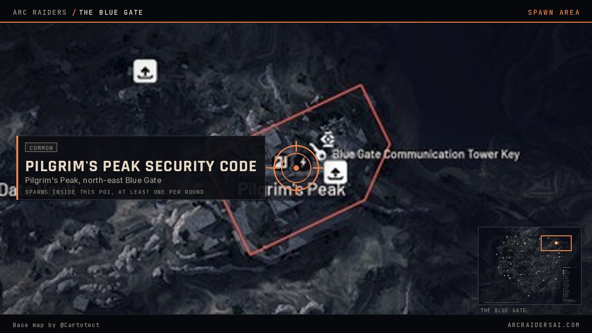 The Blue Gate map in Arc Raiders with Pilgrim's Peak marked in the north east, the POI the Pilgrim's Peak Security Code spawns inside