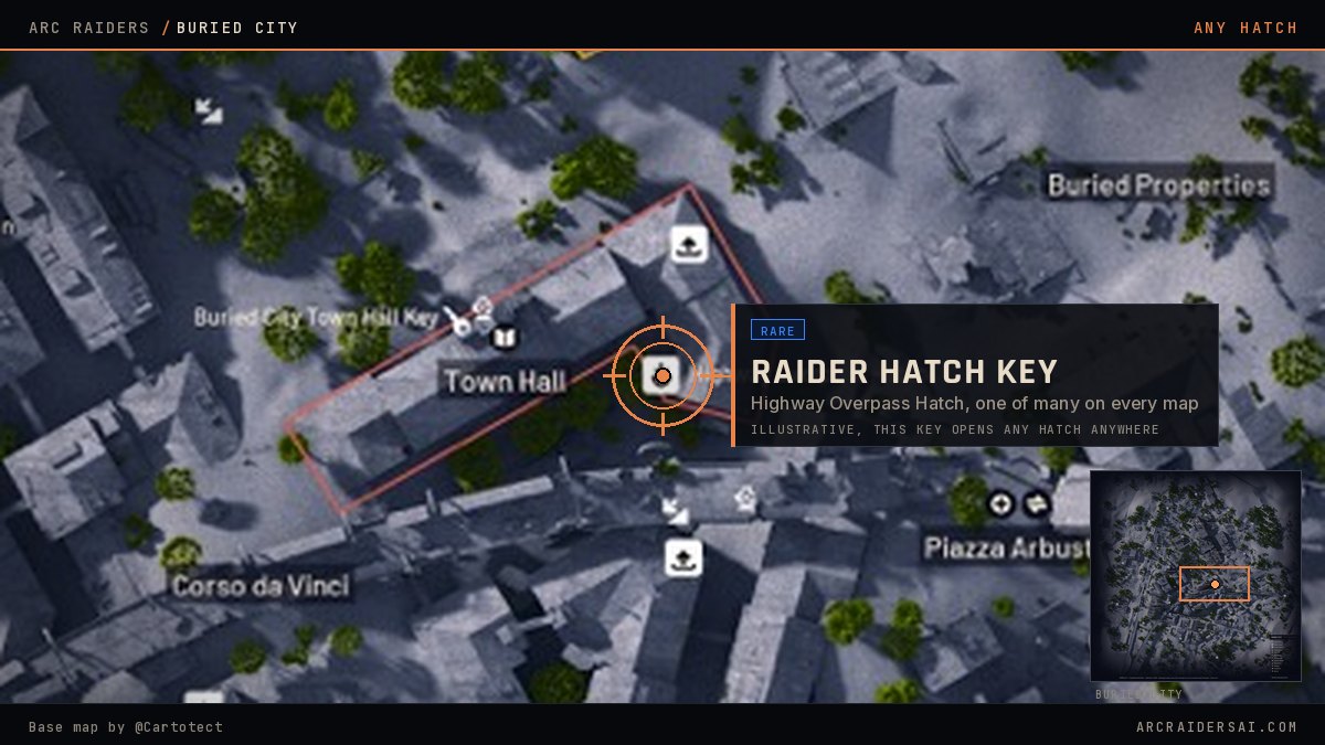 The Buried City map in Arc Raiders with several Raider Hatch icons marked as examples of the extraction points the Raider Hatch Key opens