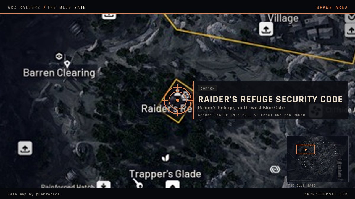 The Blue Gate map in Arc Raiders with Raider's Refuge marked in the north west, the POI the Raider's Refuge Security Code spawns inside