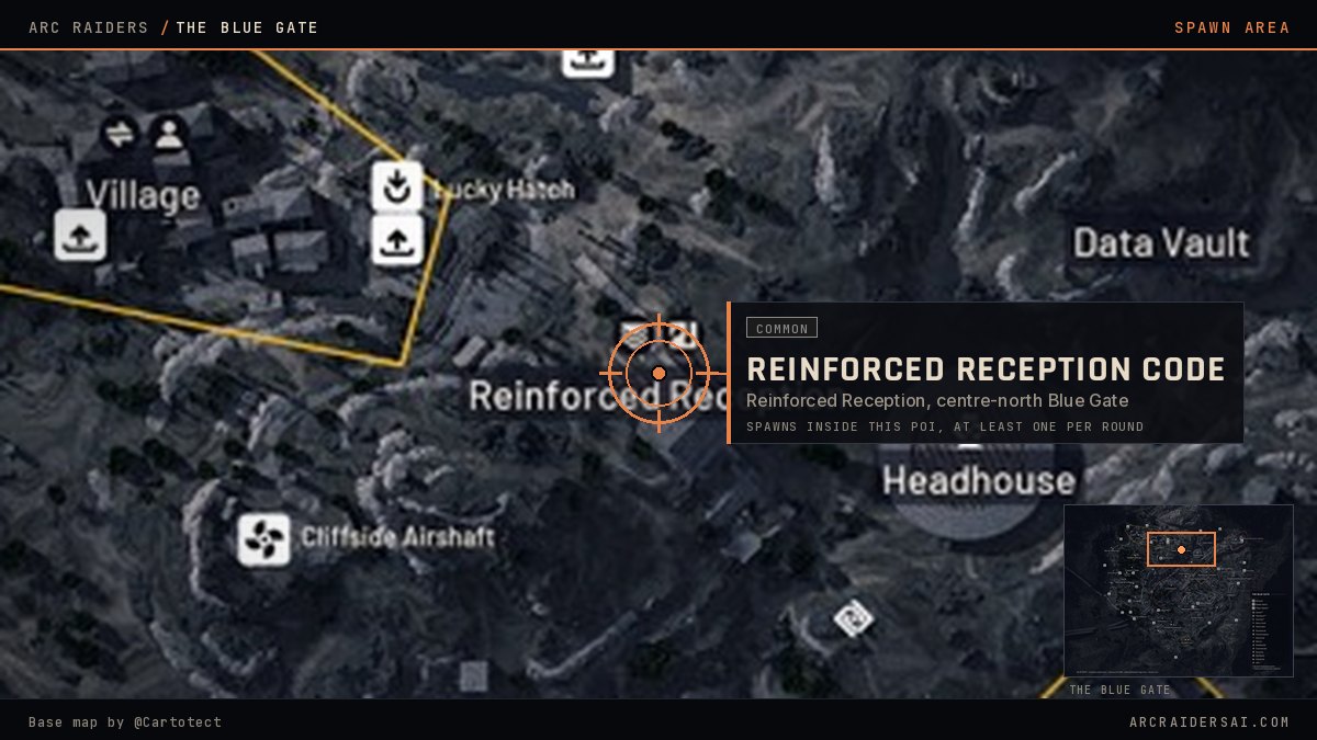 The Blue Gate map in Arc Raiders with Reinforced Reception marked in the centre north, the POI the Reinforced Reception Security Code spawns inside