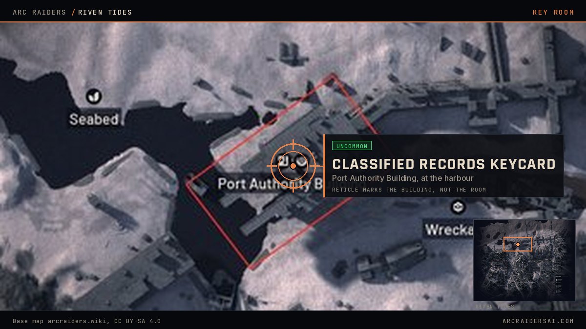 The Riven Tides map in Arc Raiders with the Port Authority Building outlined in red at the northern harbour and the Classified Records Keycard door marked inside it