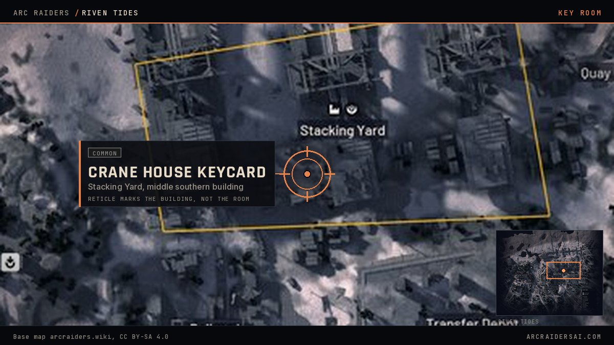 The Riven Tides map in Arc Raiders with the Stacking Yard outlined in gold at the harbour and the Crane House Keycard door marked at the middle southern building