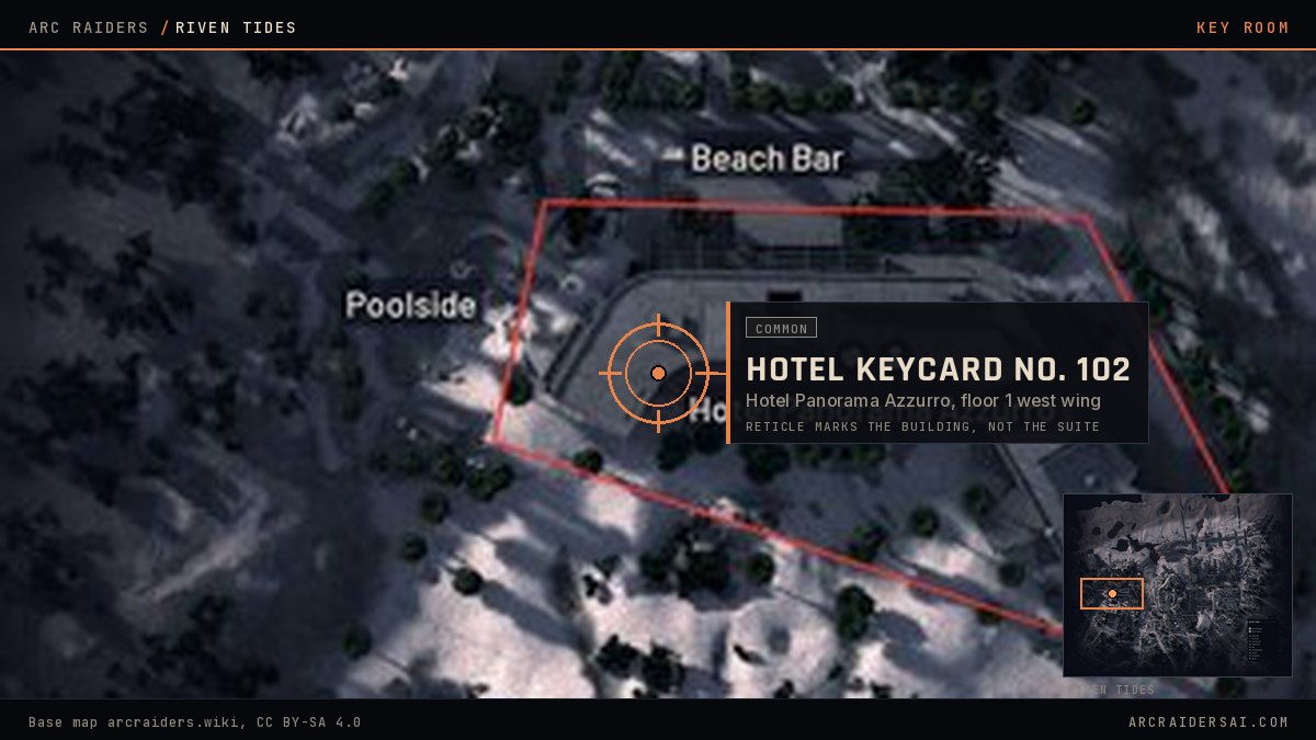 The Riven Tides map in Arc Raiders with Hotel Panorama Azzurro outlined in red on the west side and the Hotel Keycard No. 102 door marked inside it