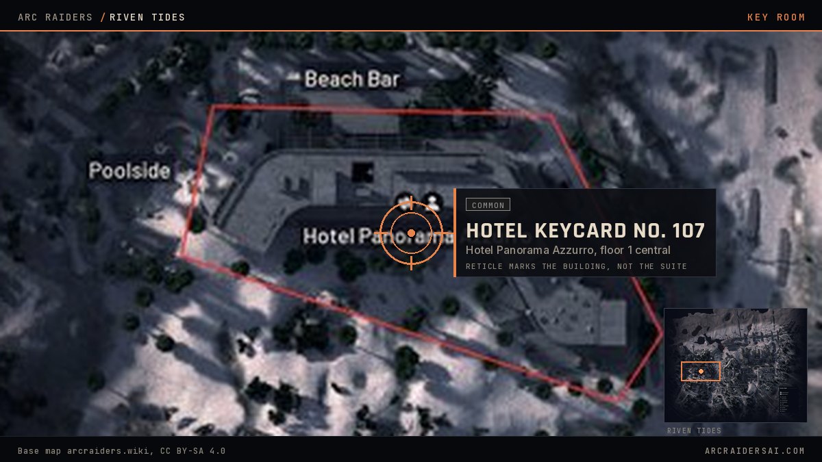 The Riven Tides map in Arc Raiders with Hotel Panorama Azzurro outlined in red and the Hotel Keycard No. 107 door marked in the central section of the building