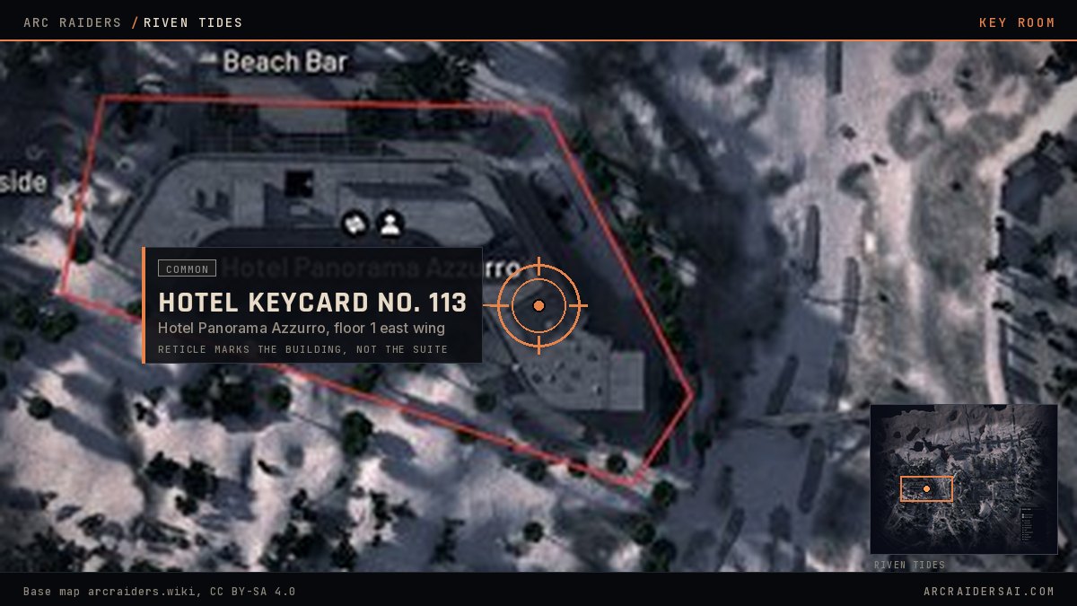 The Riven Tides map in Arc Raiders with Hotel Panorama Azzurro outlined in red and the Hotel Keycard No. 113 door marked in the east wing of the building