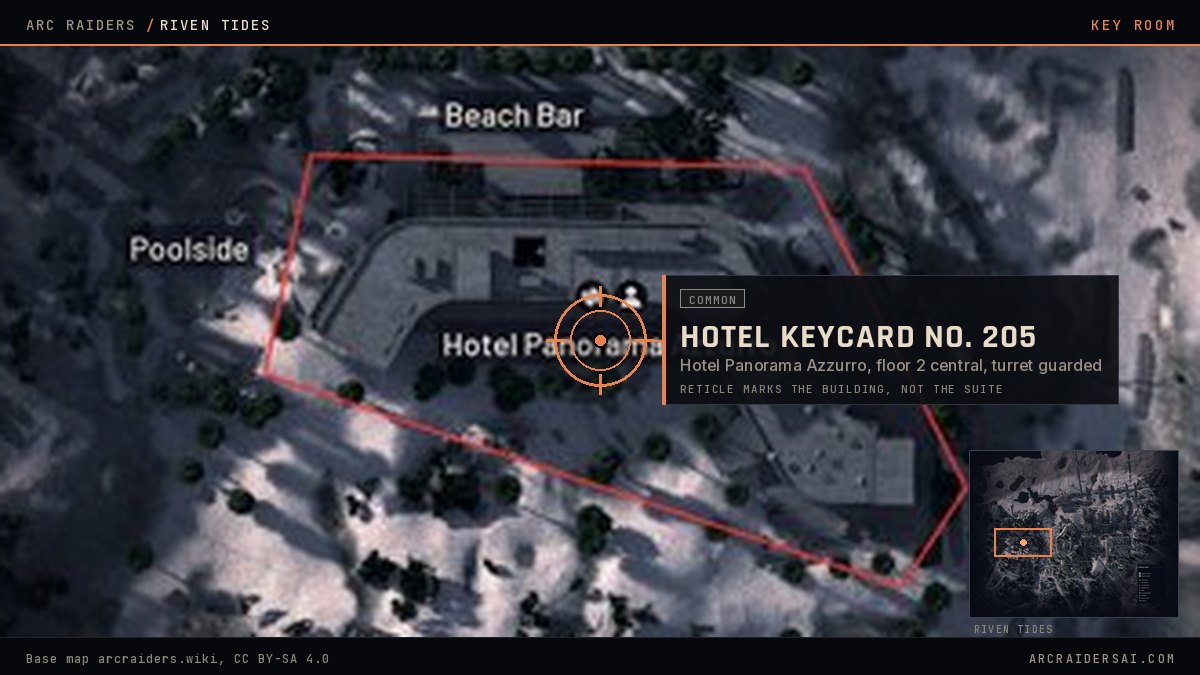 The Riven Tides map in Arc Raiders with Hotel Panorama Azzurro outlined in red and the Hotel Keycard No. 205 door marked in the central part of the building