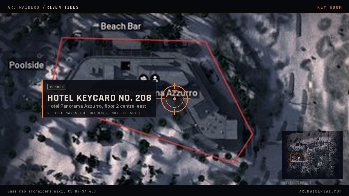 The Riven Tides map in Arc Raiders with Hotel Panorama Azzurro outlined in red and the Hotel Keycard No. 208 door marked in the central east part of the building