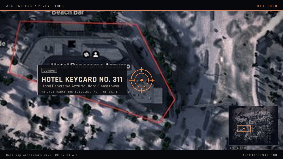 The Riven Tides map in Arc Raiders with Hotel Panorama Azzurro outlined in red and the Hotel Keycard No. 311 door marked at the east tower of the building