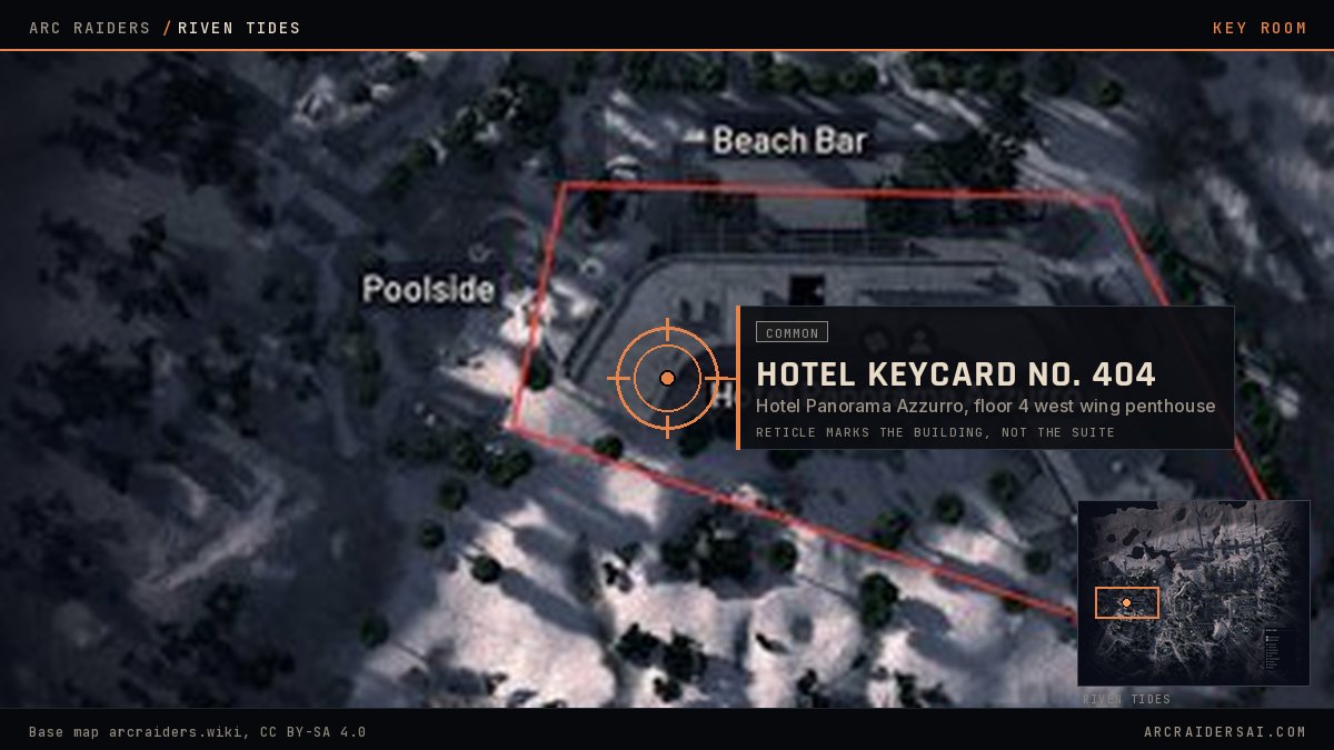 The Riven Tides map in Arc Raiders with Hotel Panorama Azzurro outlined in red and the Hotel Keycard No. 404 door marked at the west end of the top floor