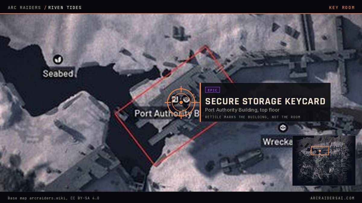 The Riven Tides map in Arc Raiders with the Port Authority Building outlined in red at the northern harbour and the Secure Storage Keycard door marked inside it