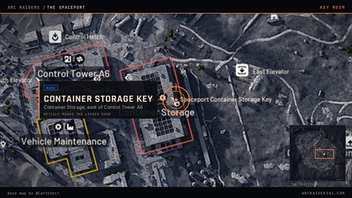 The Spaceport map in Arc Raiders with the Spaceport Container Storage Key locked door marked at Container Storage, east of Control Tower A6