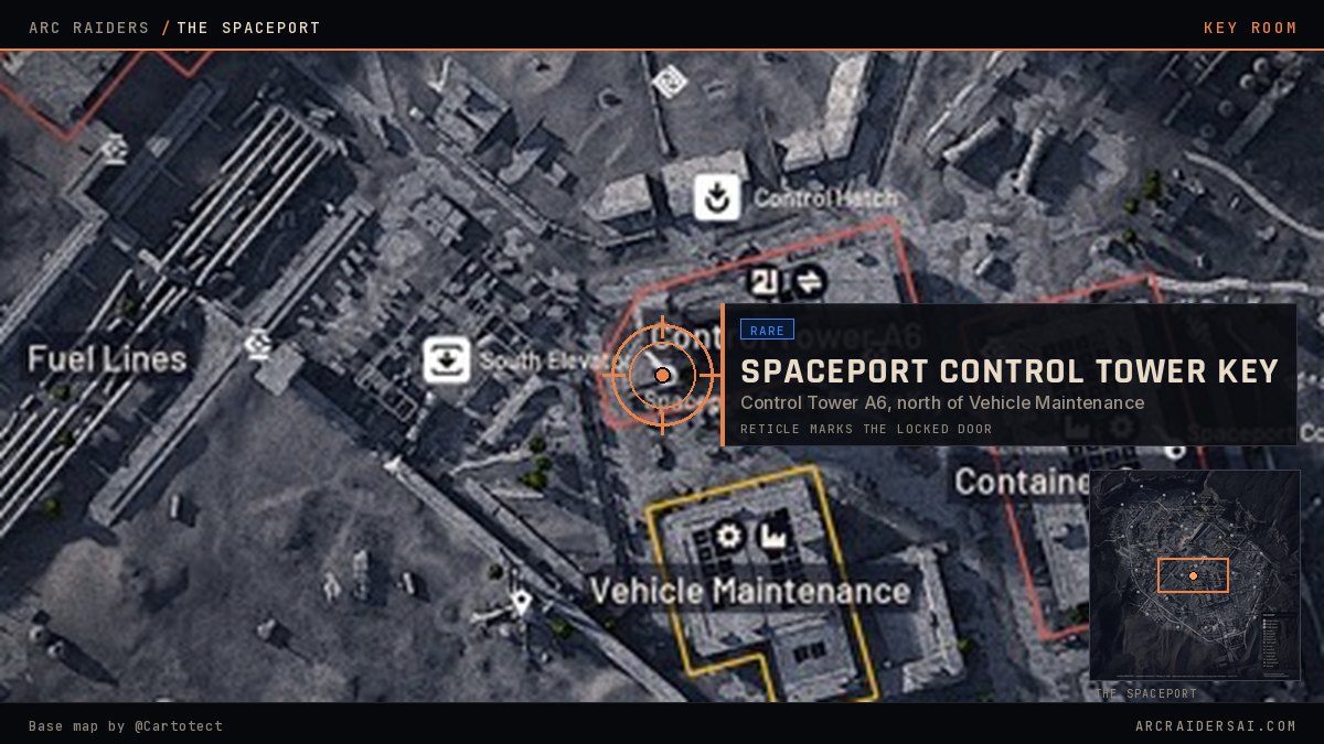 The Spaceport map in Arc Raiders with the Spaceport Control Tower Key locked door marked at Control Tower A6, north of Vehicle Maintenance