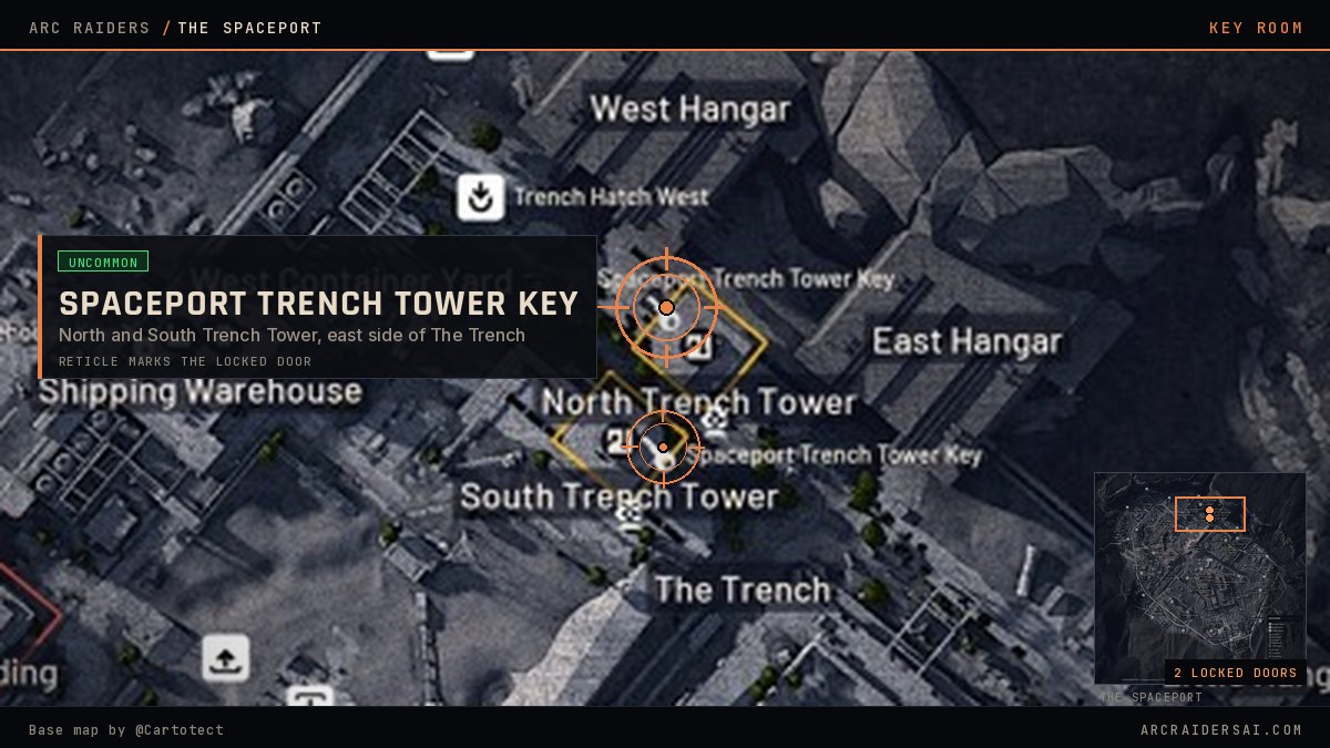 The Spaceport map in Arc Raiders with the Spaceport Trench Tower Key locked doors marked at North and South Trench Tower, east side of The Trench