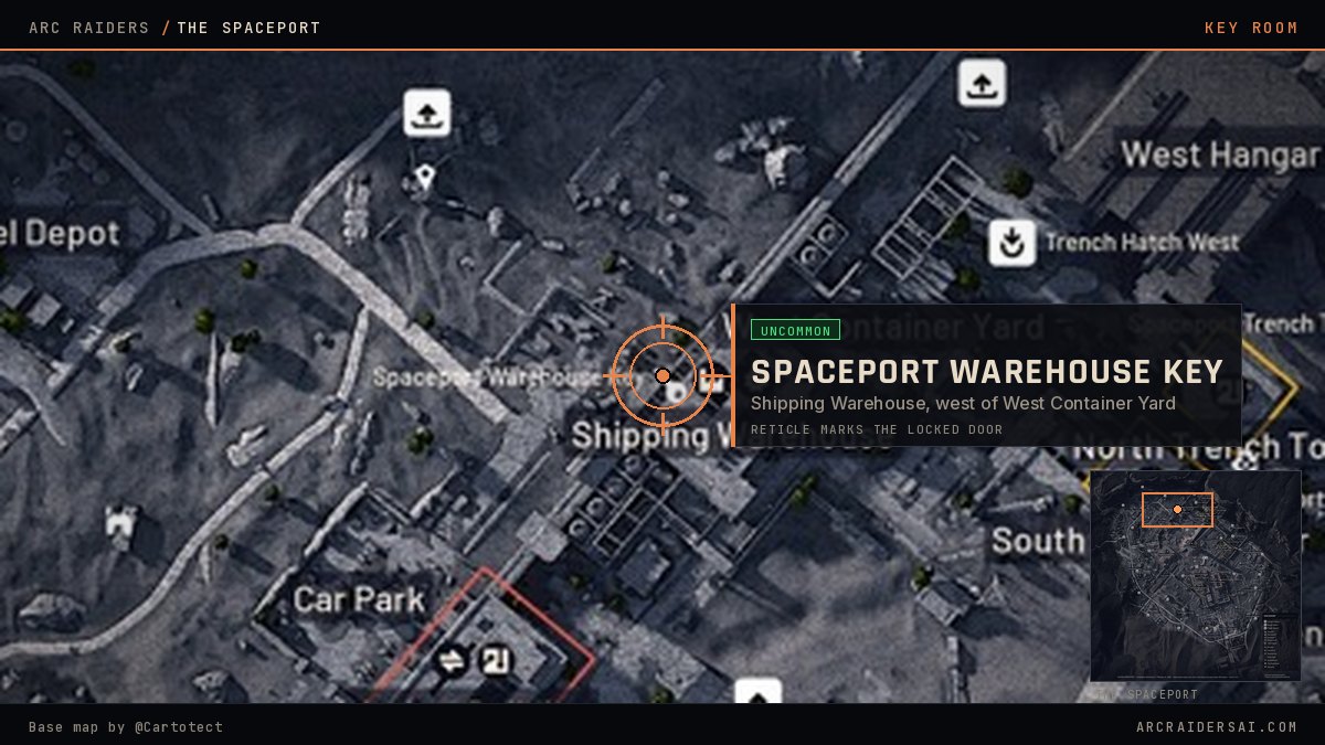 The Spaceport map in Arc Raiders with the Spaceport Warehouse Key locked door marked at Shipping Warehouse, west of West Container Yard
