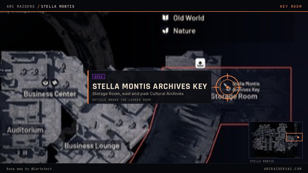 Stella Montis map in Arc Raiders with the Stella Montis Archives Key locked door marked at Storage Room, east end past Cultural Archives