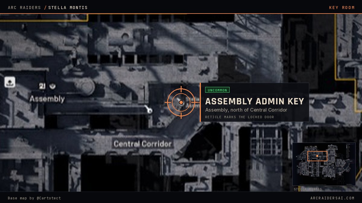 Stella Montis map in Arc Raiders with the Stella Montis Assembly Admin Key locked door marked at Assembly, north of Central Corridor