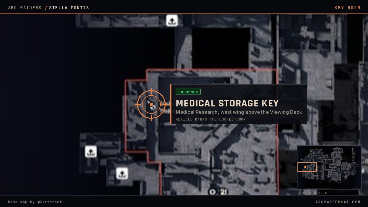 Stella Montis map in Arc Raiders with the Stella Montis Medical Storage Key locked door marked at Medical Research, west wing above the Viewing Deck