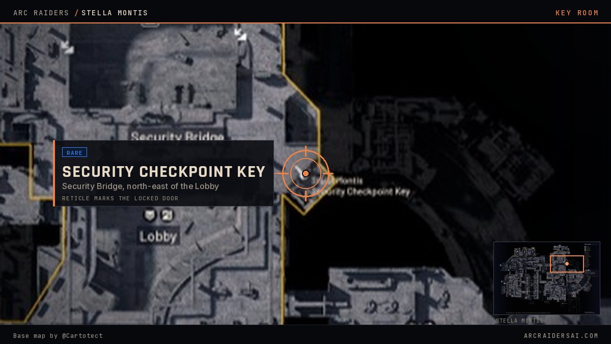 Stella Montis map in Arc Raiders with the Stella Montis Security Checkpoint Key locked door marked at Security Bridge, north-east of the Lobby