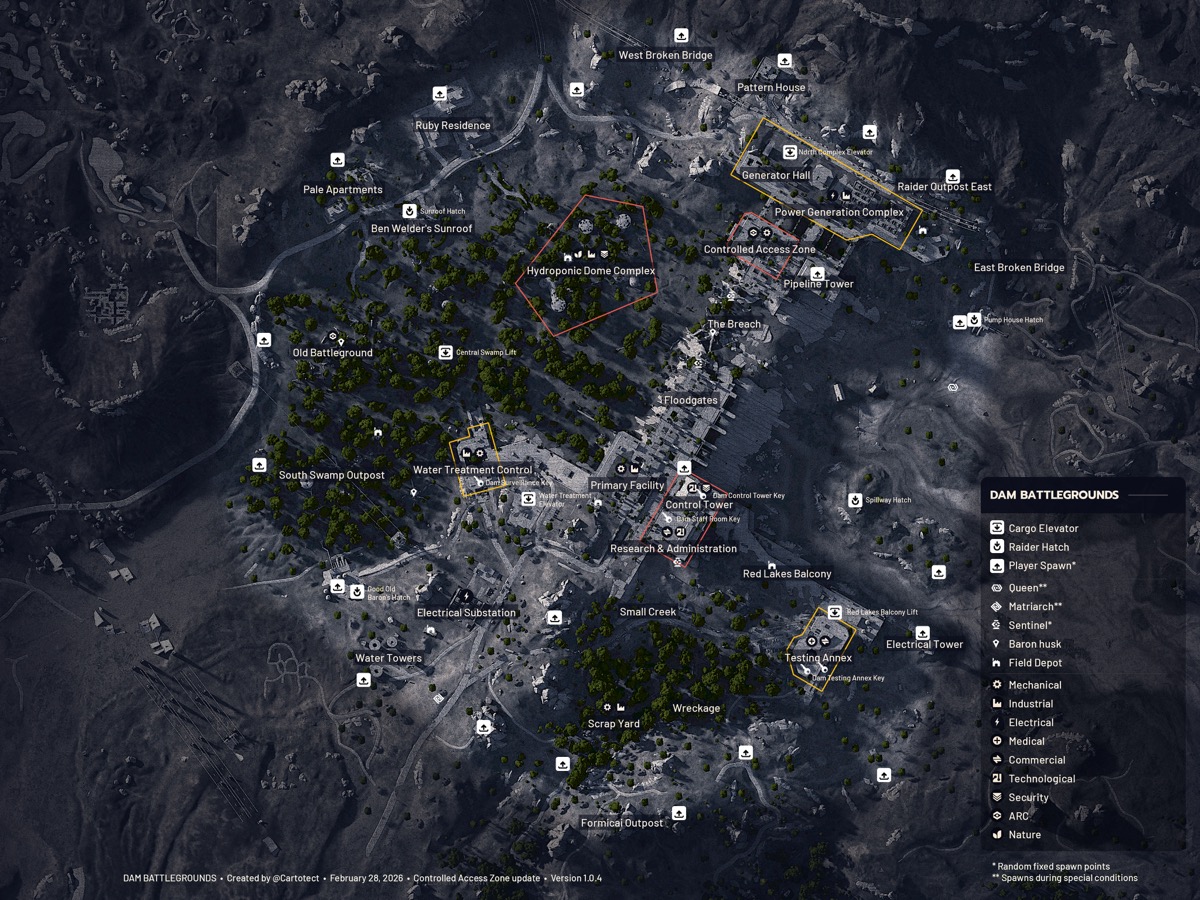 Overhead map of Dam Battlegrounds in Arc Raiders with player spawn points, Raider Hatches and Cargo Elevators marked